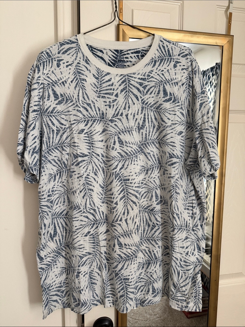 George White Short-Sleeve Shirt with Blue Palm Print